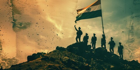 silhouette of Indian soldiers standing tall atop a rugged mountain, proudly raising the Indian flag. The textured grainy background blends from deep saffron to white and lush green