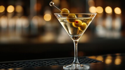 A glass of martini with olives