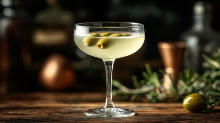 A glass of martini with olives