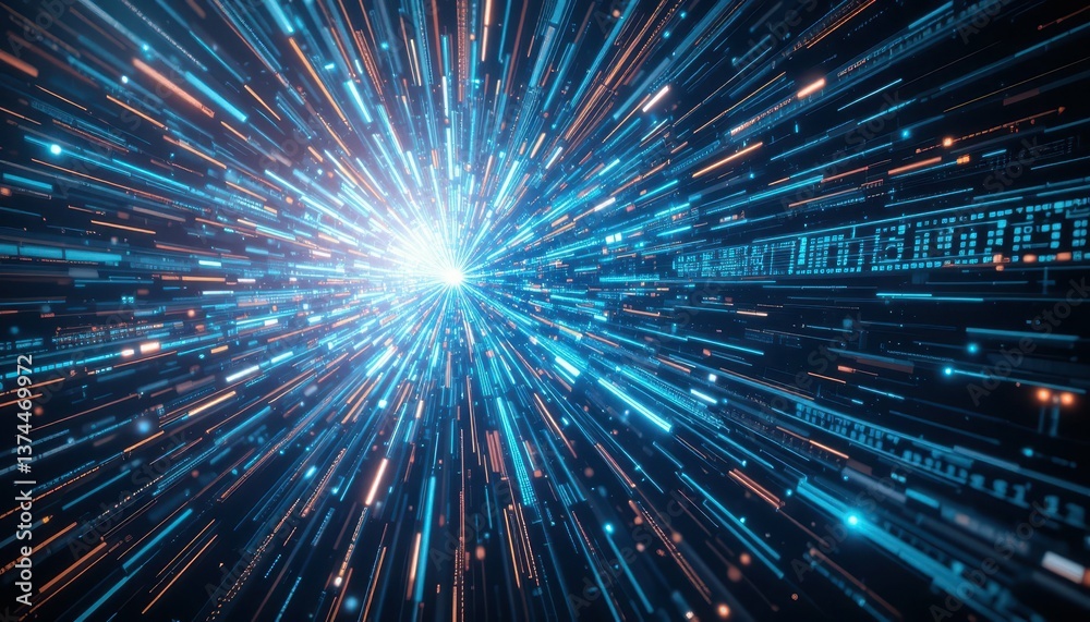 Poster dynamic burst of light with radiating particles and data flow