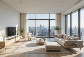 Fototapeta premium Sleek Scandinavian Living Room Design Featuring a Minimal Color Palette, Wood Accents and a Breathtaking Urban Panorama.