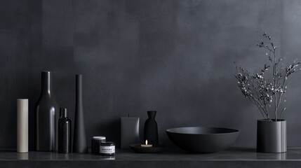 Dark minimalist still life with black ceramics and dried branches