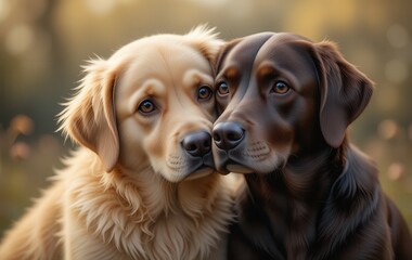 Obraz premium Golden retriever and Labrador cuddling in nature