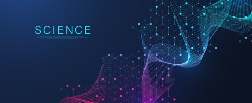 Molecular abstract structure and genetic engineering DNA. Healthcare and medicine background concept. Scientific research background. Wave flow. Innovation pattern. Vector illustration.