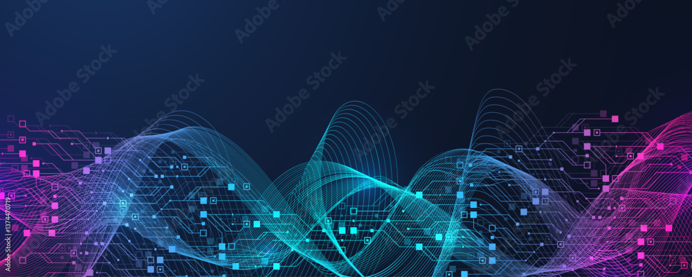 Poster Artificial Intelligence or machine learning vector design. Quantum computer technology concept with circuit board and motherboard texture background design. Waves flow quantum explosion