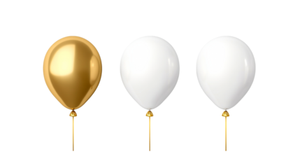 Gold and white balloons, festive party, shiny, smooth, helium, cut out transparent