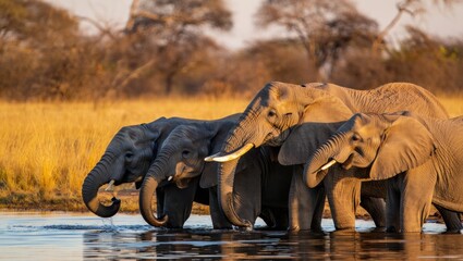 Fototapeta premium Majestic elephants drinking water in serene african landscape at sunset