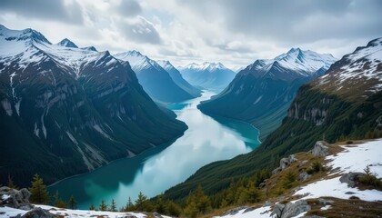  Magnificent Arctic fjords filled with remarkably green water, nestled between snow capped mountains.