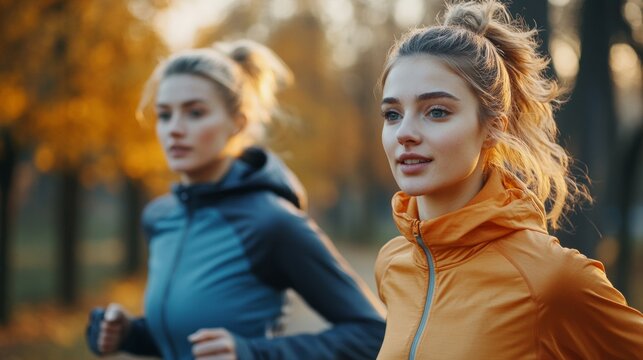 two women jogging in the forest