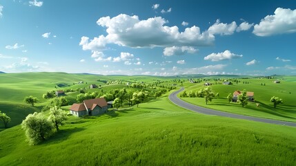 Lush Green Countryside Landscape with Charming Houses and Winding Road Under a Bright Sky