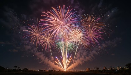 Colorful Fireworks Display Against Night Sky Celebrating Festival Event