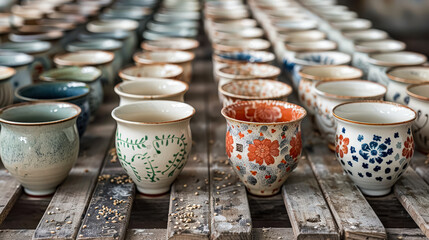 Collection of colorful ceramic cups with various designs and patterns.