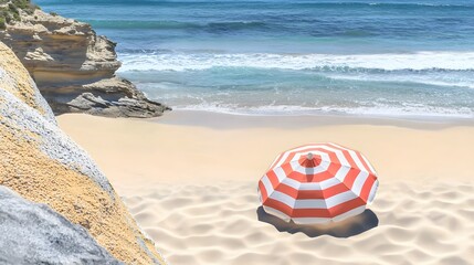 Obraz premium Beach Scene with Red and White Umbrella on Sandy Shore Under Clear Blue Sky and Gentle Waves