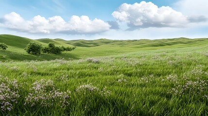 Obraz premium Lush Green Field of Wildflowers Under a Bright Blue Sky with White Fluffy Clouds