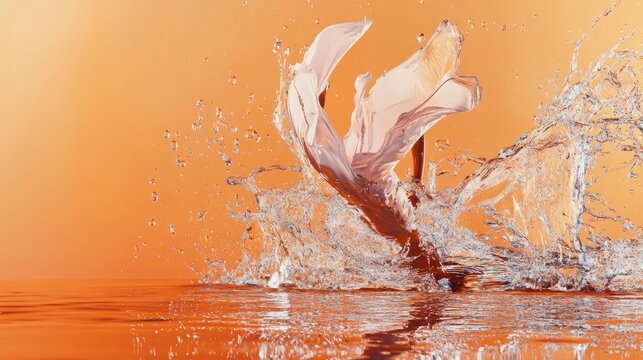 Ballet dancer splashing water in dynamic orange-toned scene