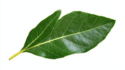 Fototapeta premium Vibrant high quality isolated bay leaf on white background emphasizing its unique shape and glossy finishing touch