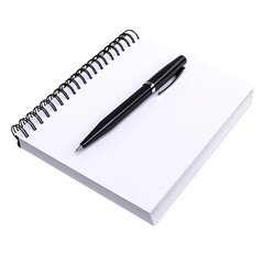 A black pen rests on open spiral notebook with blank white pages, ready for writing or sketching. scene is simple and inviting, perfect for creativity or note taking