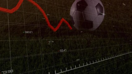 Animation of declining financial graph with soccer ball on green field background - Powered by Adobe