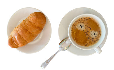 White cup of coffee with croissant top view isolated on transparent background
