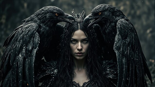 An eerie representation of The Morrigan a Celtic goddess transitioning between raven and woman forms emanating a sense of imminent conflict