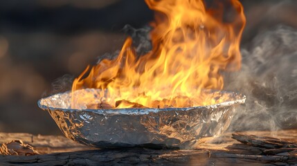 Flaming Fire in Aluminum Bowl Over Outdoor Campfire with Whirls of Smoke and Vibrant Flames