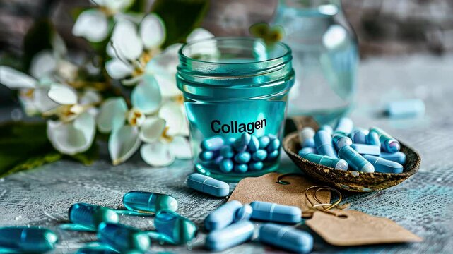 collagen powder and capsules on the table. Selective focus. white.