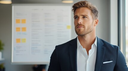 Young professional in a sleek blazer exudes confidence and focus, contemplating ideas in a modern meeting room amid project planning materials.