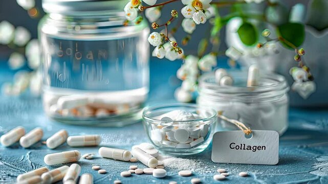 collagen powder and capsules on the table. Selective focus. white.