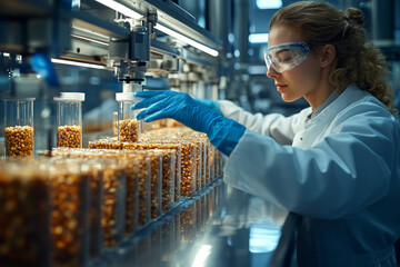 Female researcher in lab coat working with dried insect larvae on automated packaging line in modern biotech facility