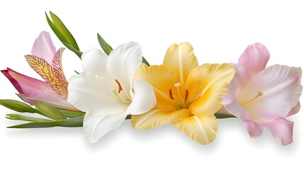 Naklejka premium Arrangement of Colorful Lilies Including Pink White Yellow and Orange Blooms with Green Leaves