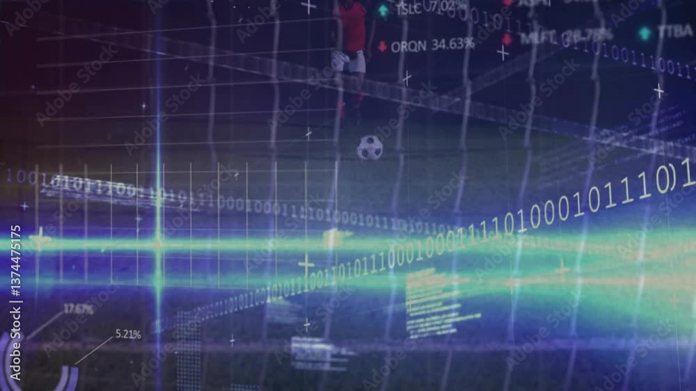 Poster binary code and data overlay on soccer player in digital grid animation