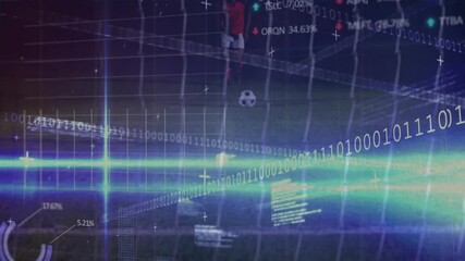 Binary code and data overlay on soccer player in digital grid animation - Powered by Adobe