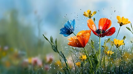 Obraz premium Colorful Wildflowers Blooming in a Serene Garden Setting with Butterfly in Soft Light