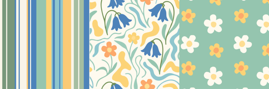 Seamless floral and stripe pattern set in vintage spring color palette seamless pattern collection 

