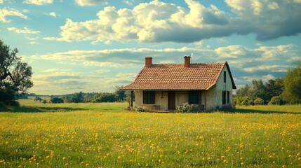 A rustic house surrounded by a wide green field, with no other structures in sight, offering complete solitude and tranquility 