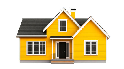 Bright yellow house with black roof, isolated, cut out transparent