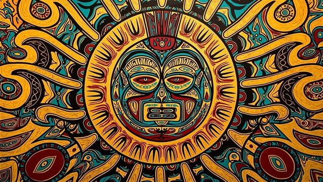 Stylized Mayan sun god Kinich Ahau with intricate tribal patterns glowing golden sun background Rich in cultural symbolism