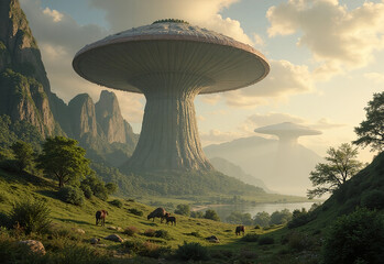 lush alien planet, vibrant and exotic alien flora