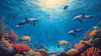 Obraz premium The image is a vibrant underwater scene depicting four dolphins swimming near the top of the frame in a deep blue ocean. Below them, the scene features a colorful coral reef rich in red and orange hue