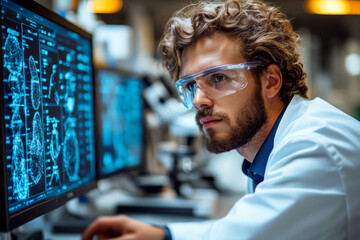 Young scientist examining molecular data on screen in modern laboratory, wearing lab coat and safety glasses during research