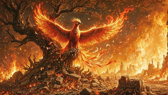Majestic Simurgh phoenix in fiery Tree of Life dropping feathers to create Zoroastrian faravahar symbols over ancient Persepolis ruins