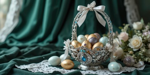  Ornate Easter Basket Silver Basket Holding Bejeweled Eggs, Satin Ribbon, Intricate Details, Dark Green Velvet Backdrop, Luxurious