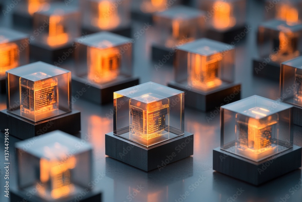 Fototapete A set of digital blocks with data inside signifying a blockchain ledger.
