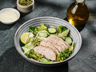 green salad with chicken, cucumber and broccoli