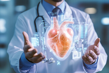 Doctor demonstrates holographic heart in medical presentation Generative AI