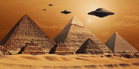 UFOs hover over Egyptian pyramids at sunset Generative AI