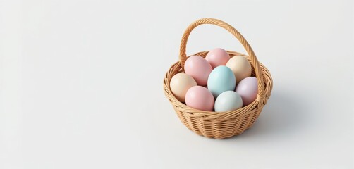  A detailed and engaging 3D isometric illustration of a basket holding pastel colored eggs against a light white backdrop.