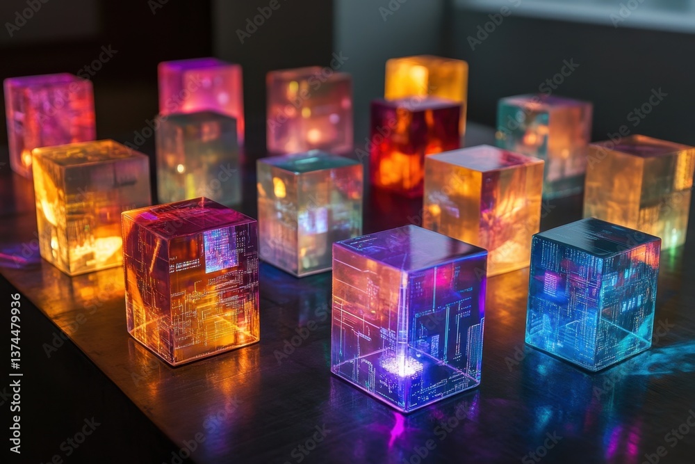 Fototapete A set of digital blocks with data inside signifying a blockchain ledger.