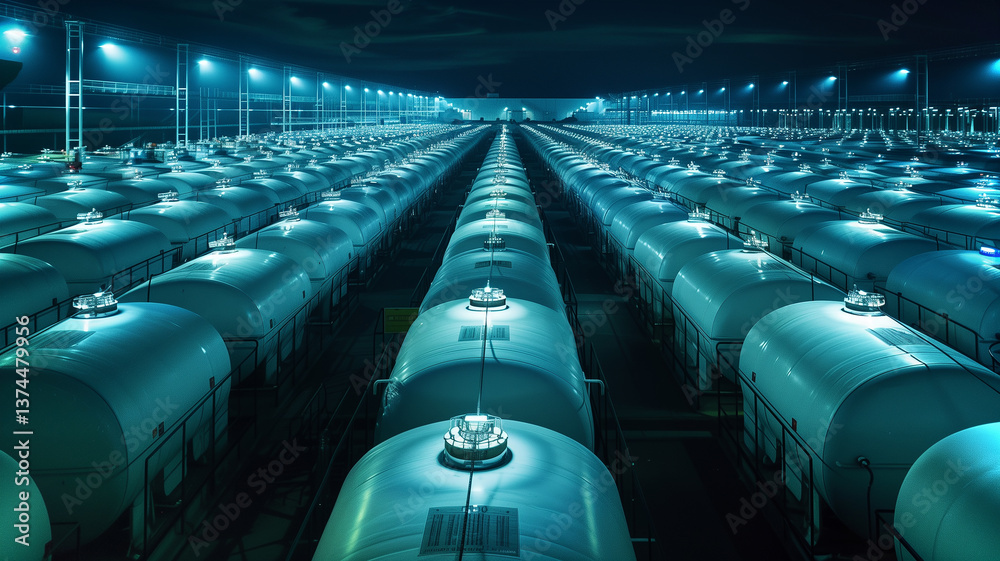 Poster This Array of large storage tanks in a high-tech setting for future biotechnology and cryogenics.