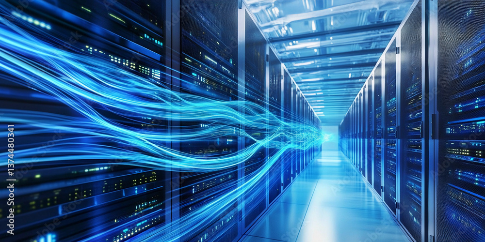 Poster futuristic data center with vibrant blue energy flow generative ai